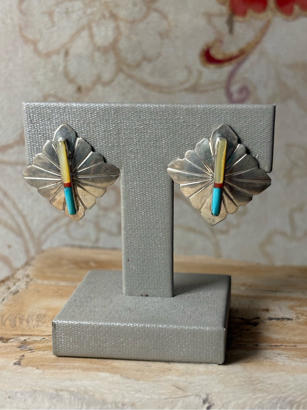 Sterling Silver Opal Coral Turquoise Inlay Stud Earrings